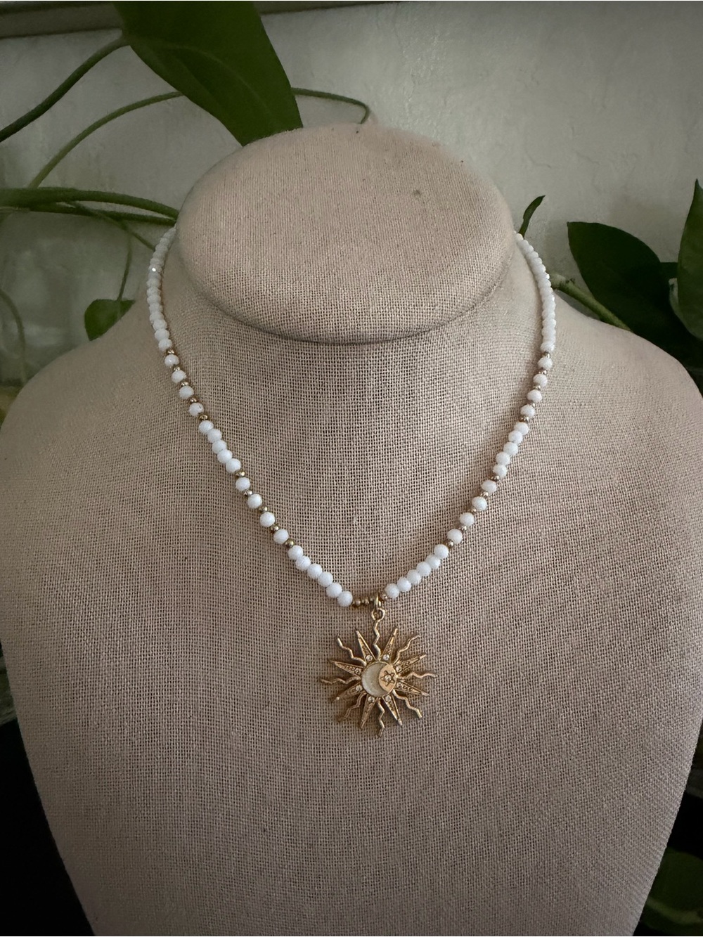 Vintage Gold Sunburst Pendant Mother of Pearl Beads Celestial Necklace